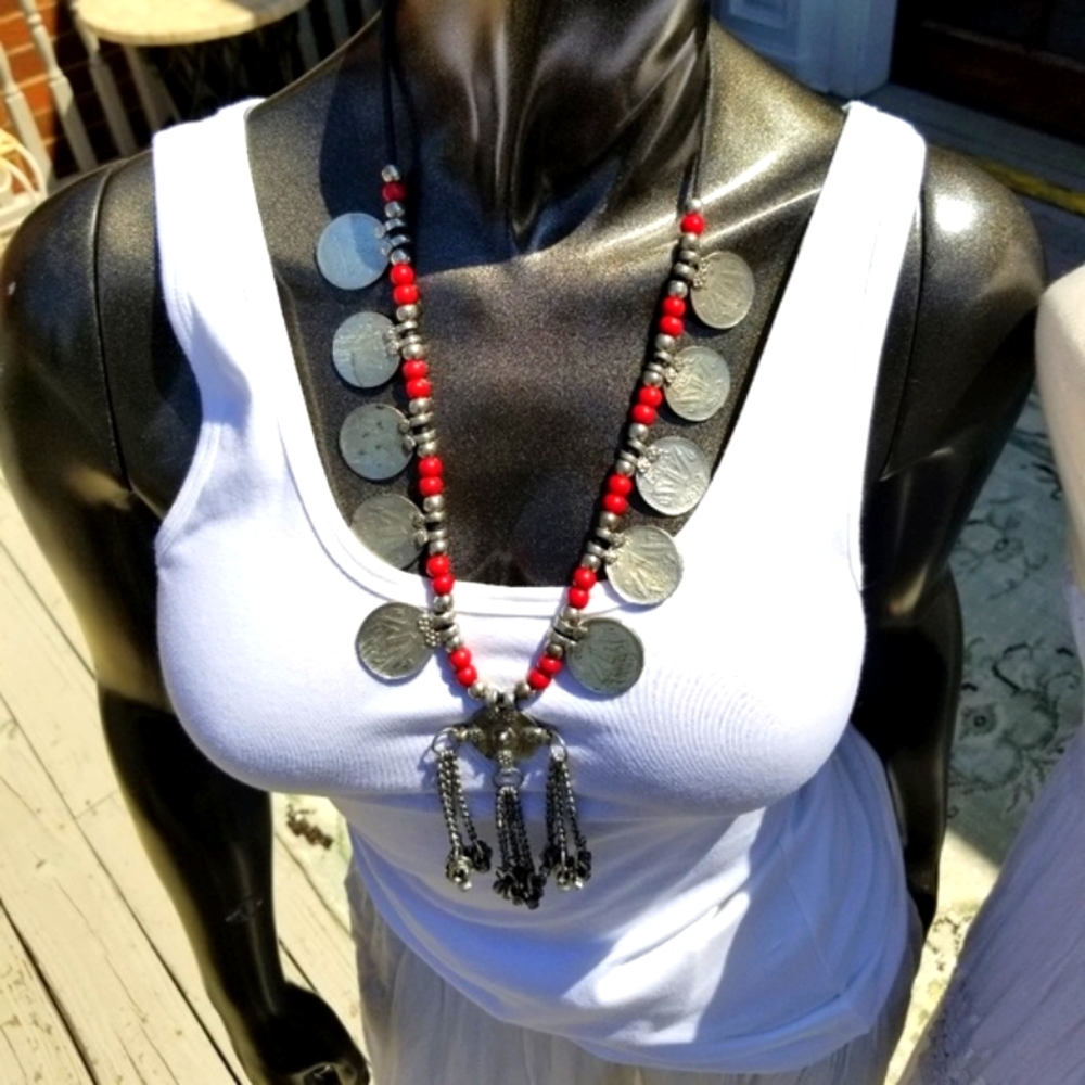 Gorgeous Coin and Red Beaded Necklace w/ Tassels
